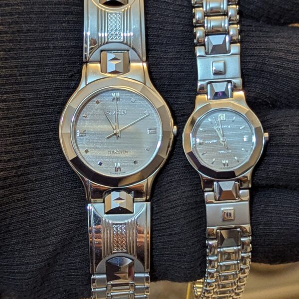 Elgin Vintage Watch Pair crafted primarily from scratch-resistant Tungsten alloy and Stainless Steel.