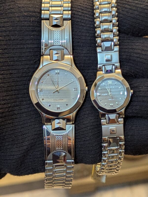 Elgin Vintage Watch Pair crafted primarily from scratch-resistant Tungsten alloy and Stainless Steel.